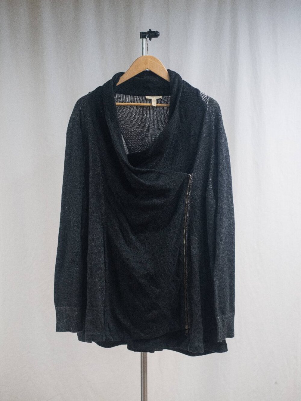 Eileen Fisher Plaited Organic Cotton Charcoal Full Zip Cardigan Sweater